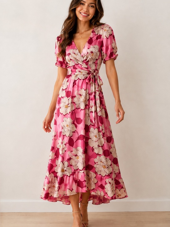 Draper James Dresses & Skirts - Draper James Pink Floral Wrap Midi Dress Puff Sleeve Size M